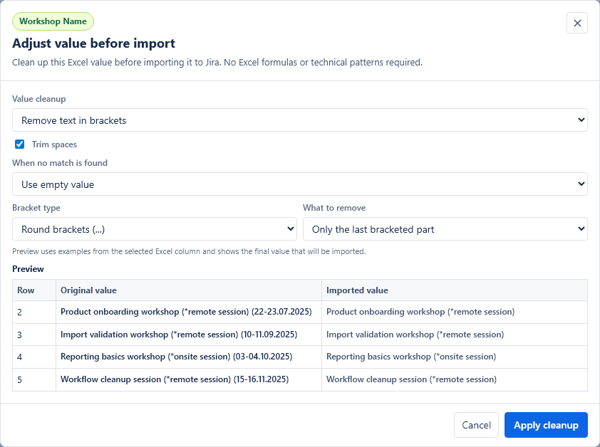 Value cleanup modal removing bracketed text from Excel values.