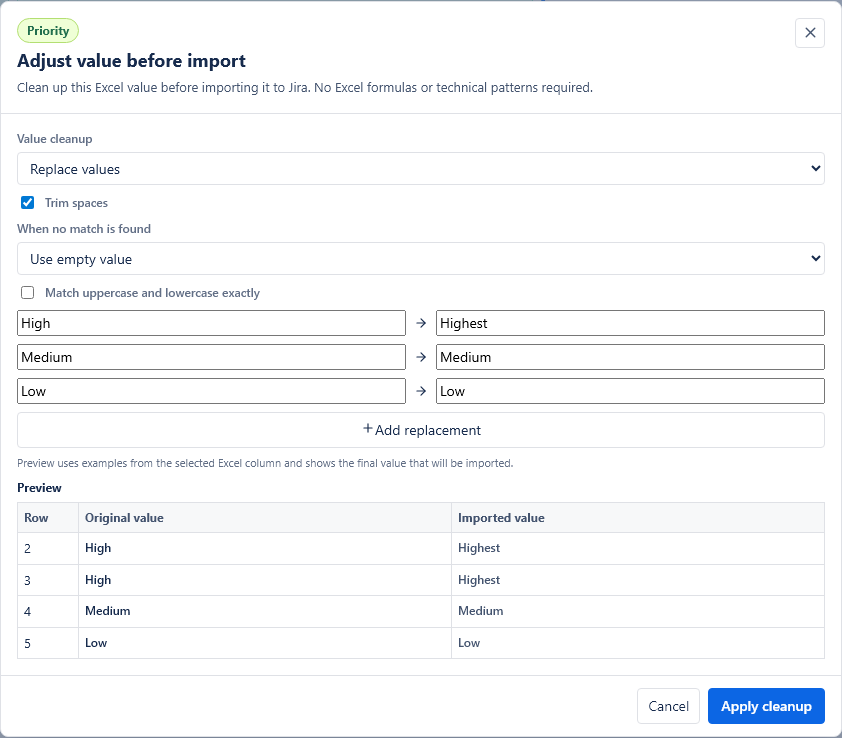 Value cleanup modal replacing Excel values with Jira-ready values.