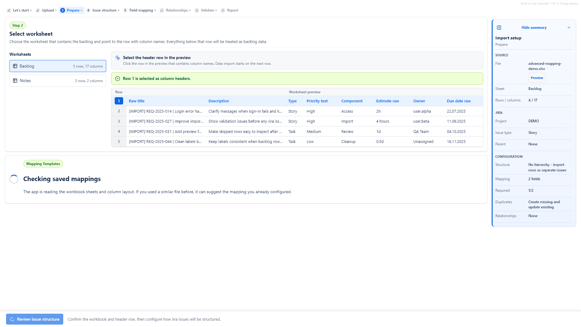 Excel to Jira Importer worksheet selection screen