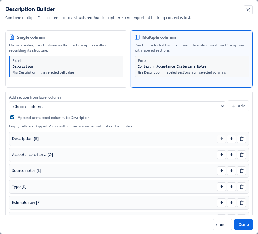 Description Builder combining Excel columns into Jira Description