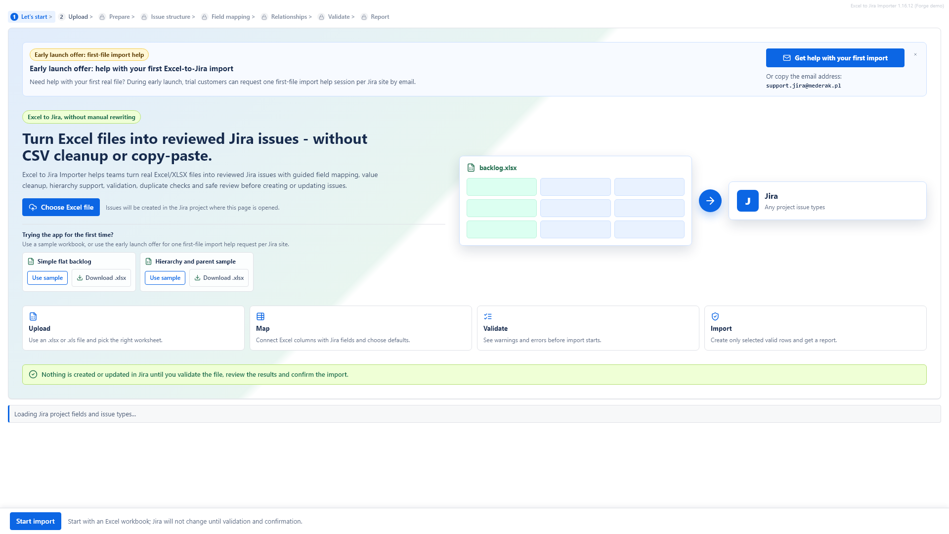 Excel to Jira Importer start screen for importing an Excel workbook into Jira
