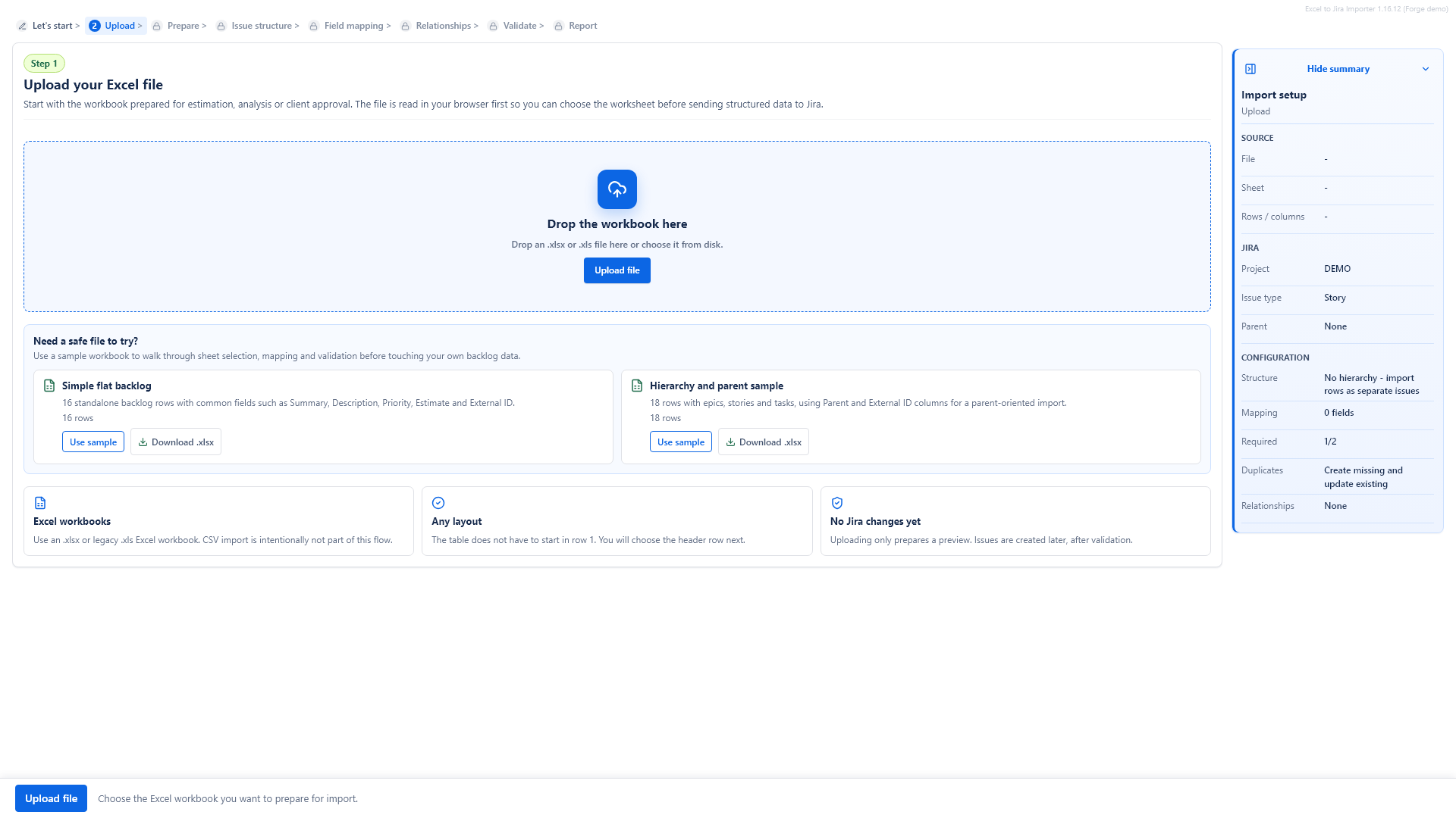 Upload workbook screen in Excel to Jira Importer