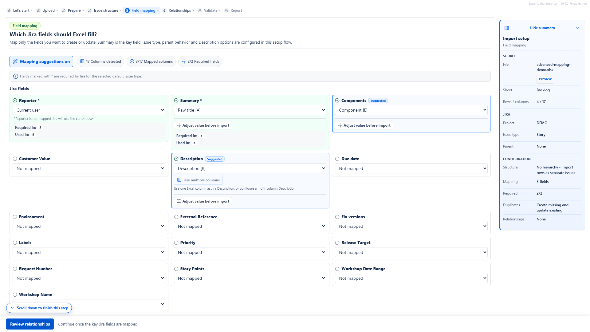 Jira field mapping screen with Excel columns connected to Jira fields
