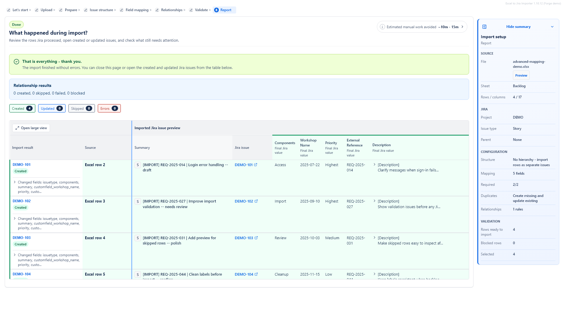 Import report showing created updated skipped and failed Jira rows