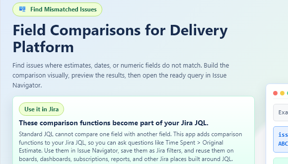 JQL Compare Fields builder for generating Jira field comparison JQL