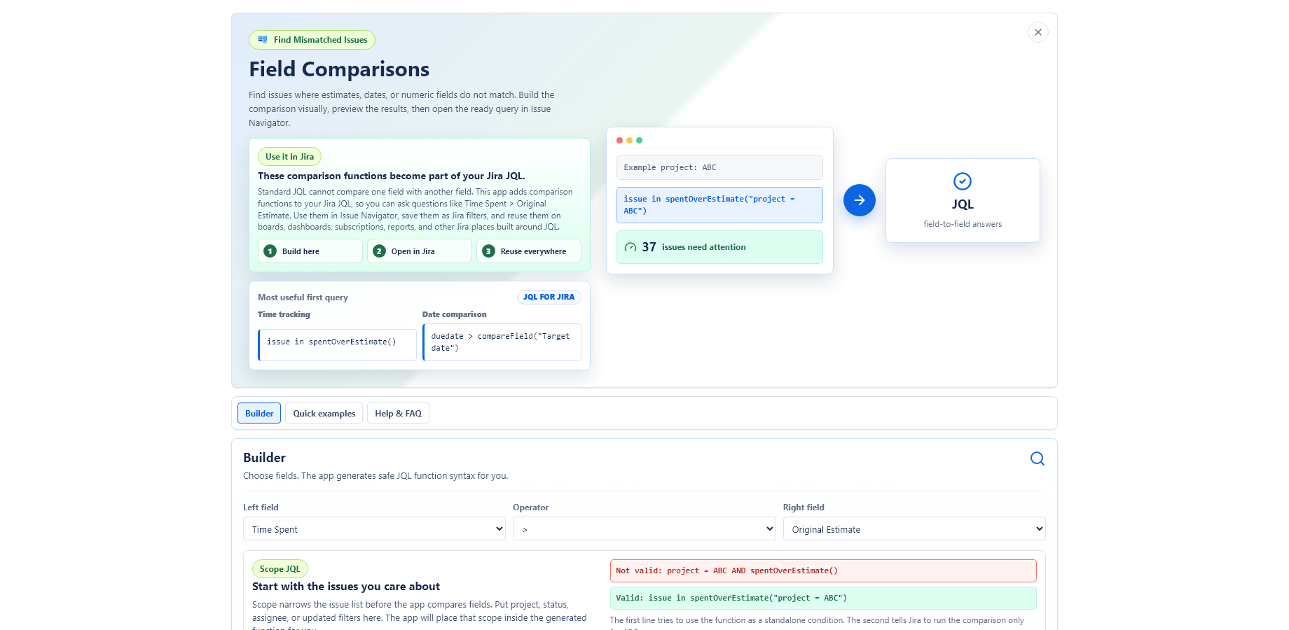 Global JQL Compare Fields page with examples, scope controls and generated JQL