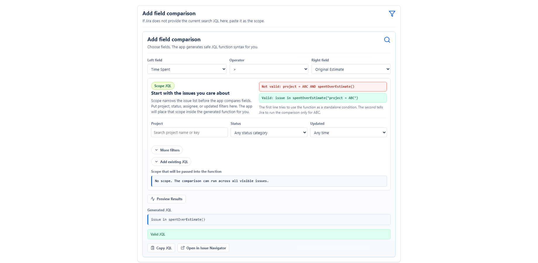 Issue Navigator action for adding a field comparison to an existing Jira search.