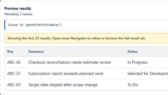 Preview table with matching Jira issues for generated JQL