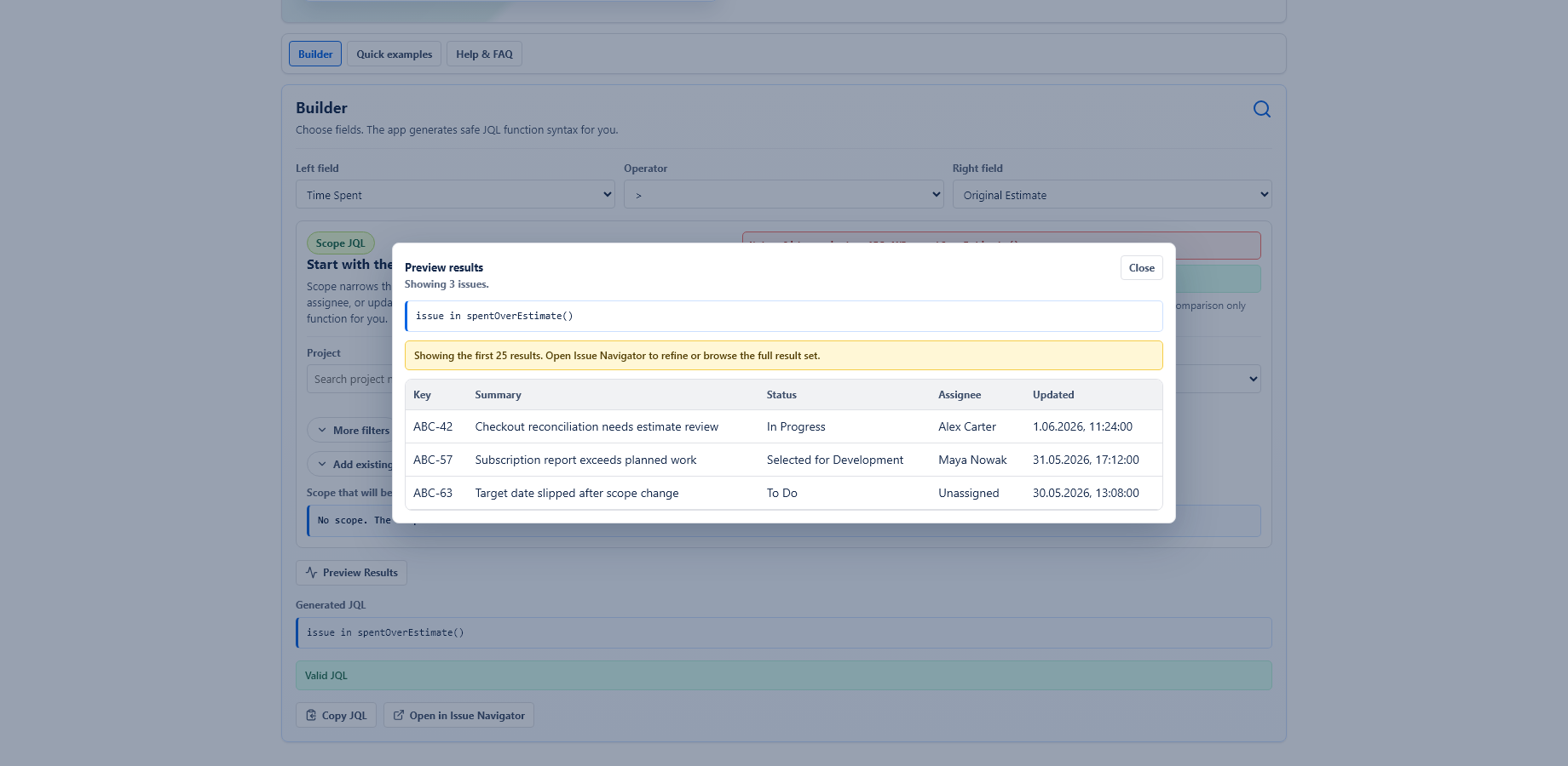 Preview results table for generated JQL field comparison.