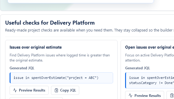 Project quick checks for common JQL field comparisons