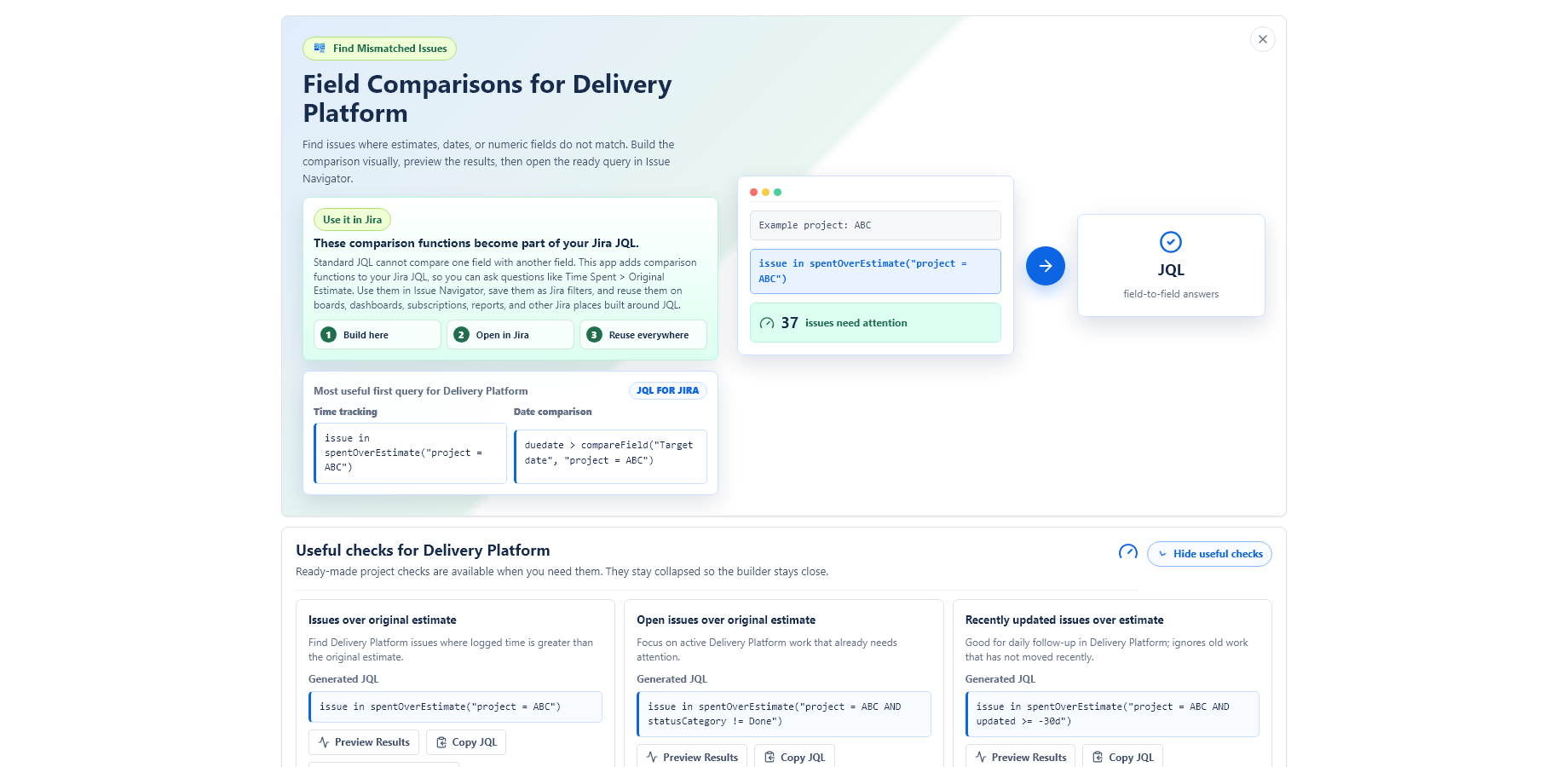 Project page quick checks for JQL field comparisons.
