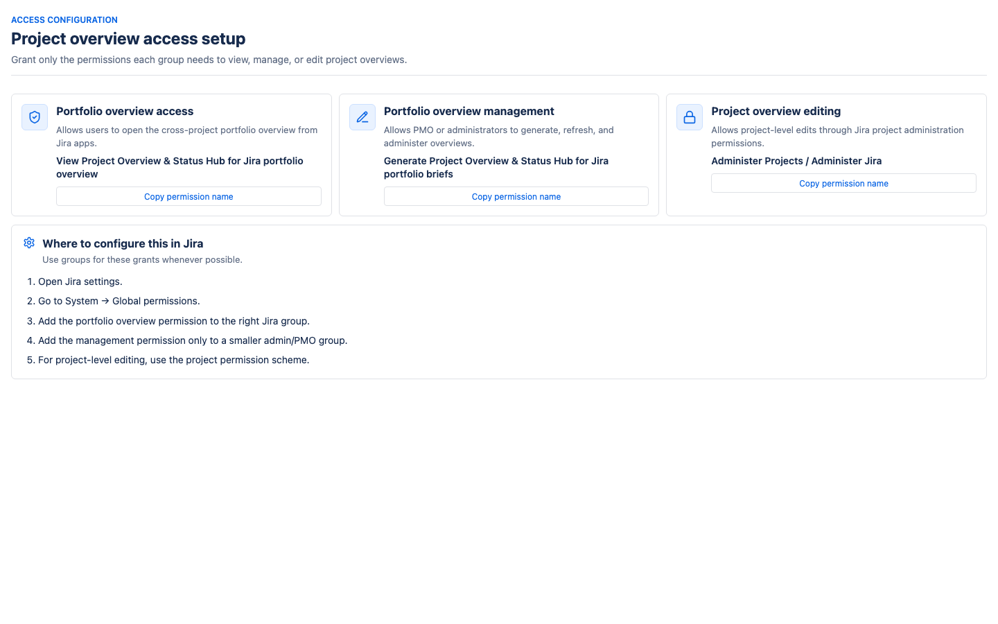 Access setup screen showing portfolio view access, portfolio management access, and project overview editing permissions
