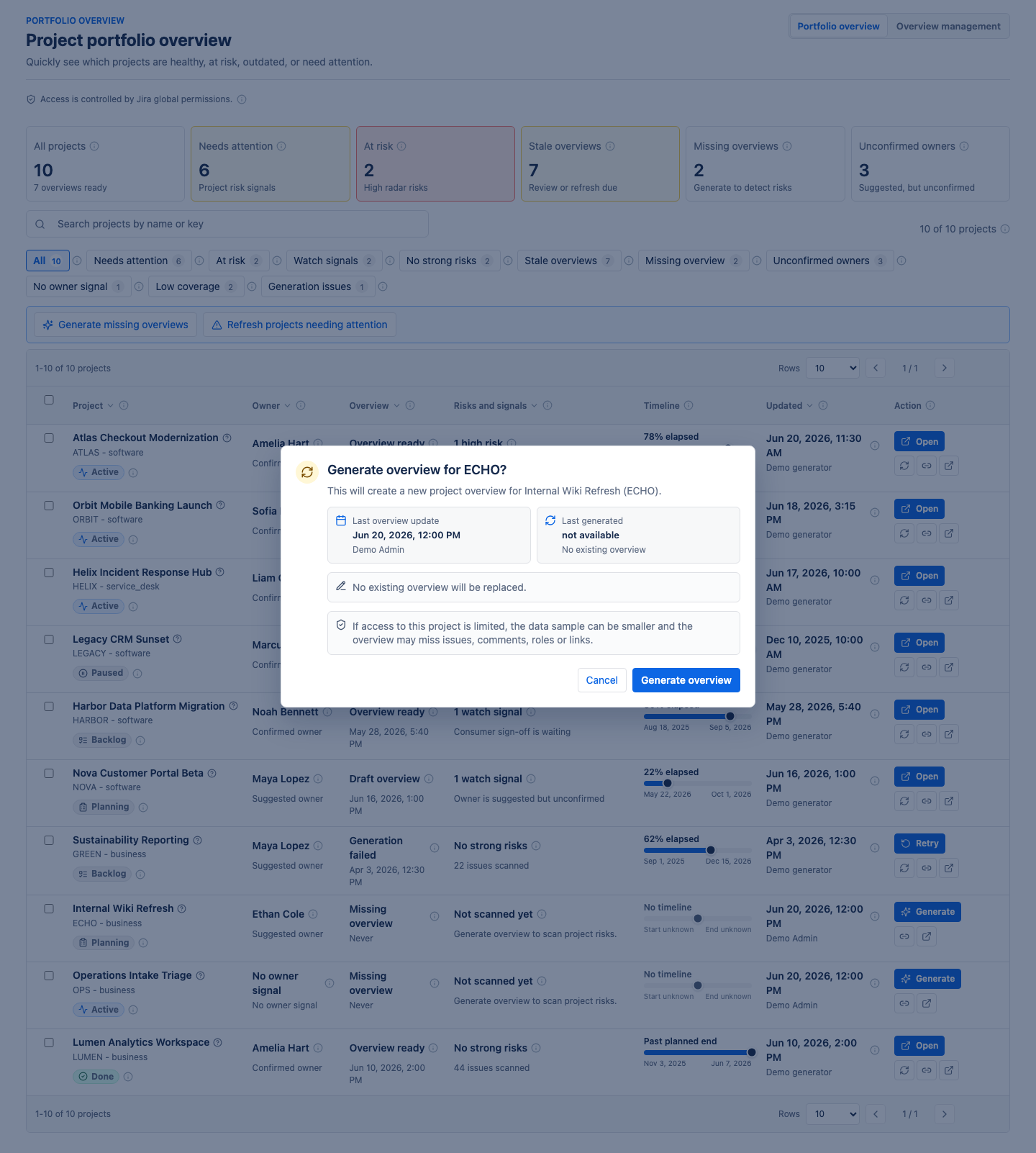 Confirmation modal for generating an overview for one project from portfolio