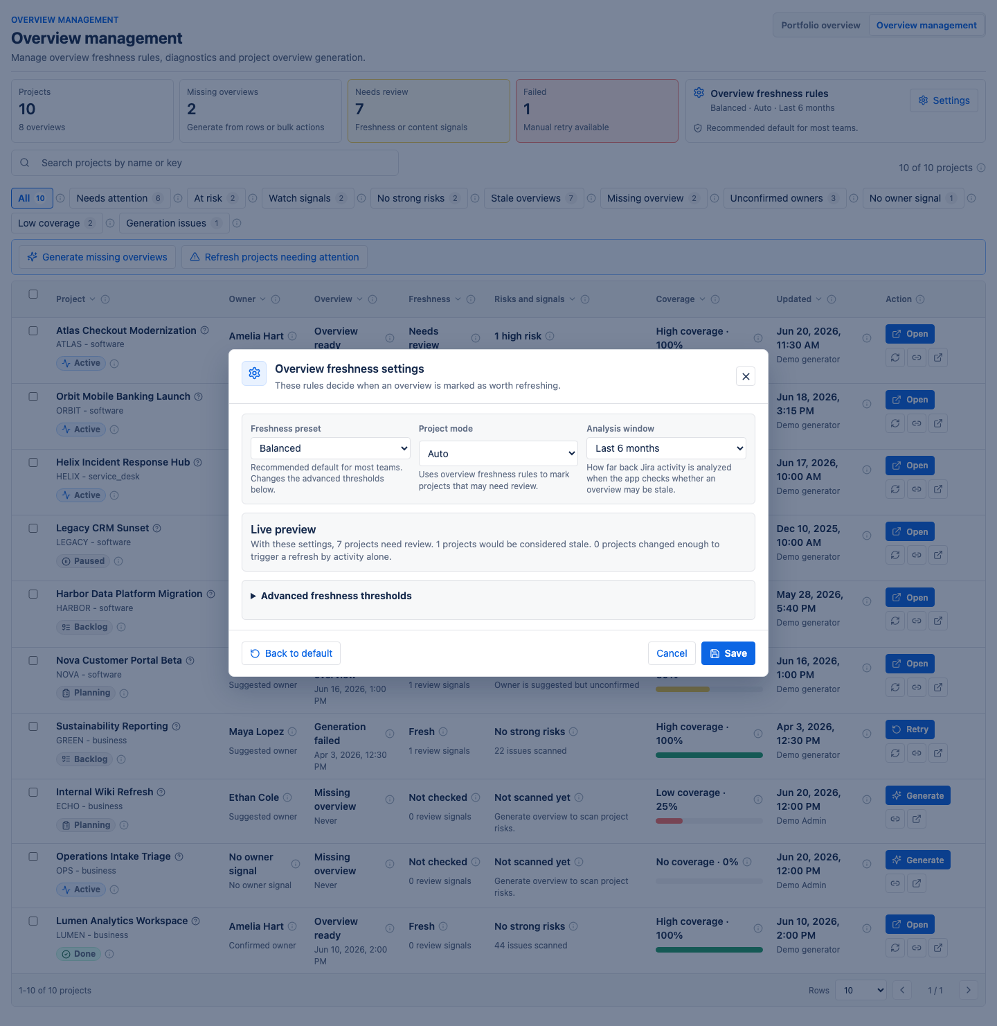 Freshness settings modal with preset, project mode, analysis window, live preview, and advanced thresholds