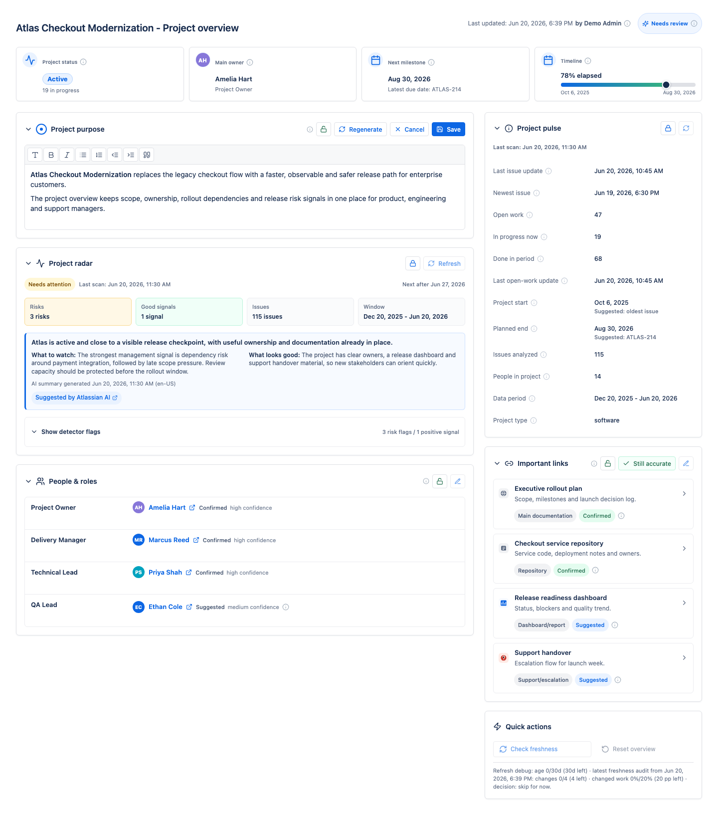 Project purpose edit mode with rich text controls, regenerate, cancel, and save buttons