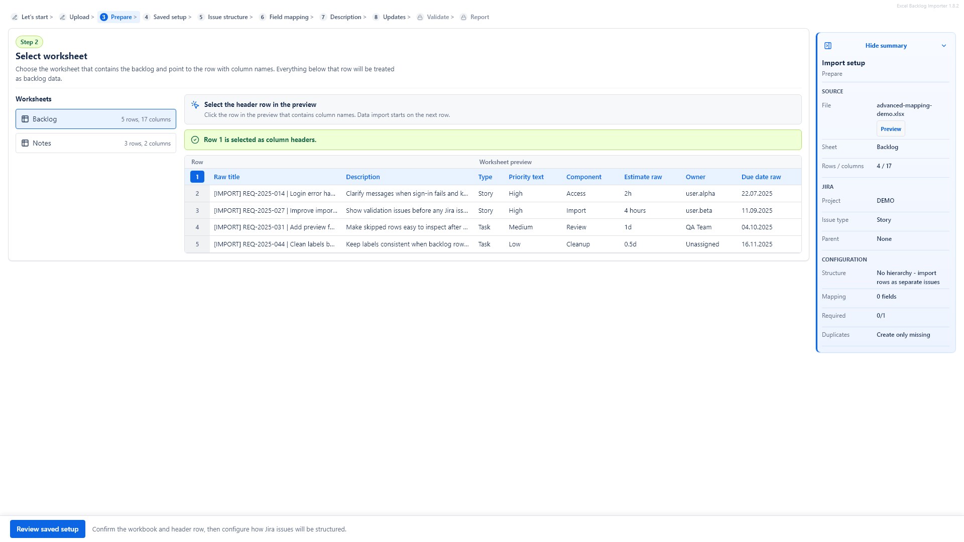 Excel to Jira Importer & Updater worksheet selection screen